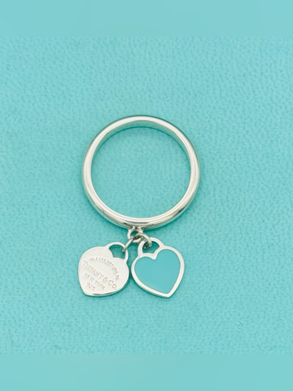 Tiffany & Co. RTT Double Mini Heart Blue Enamel Ring Retired 8.5